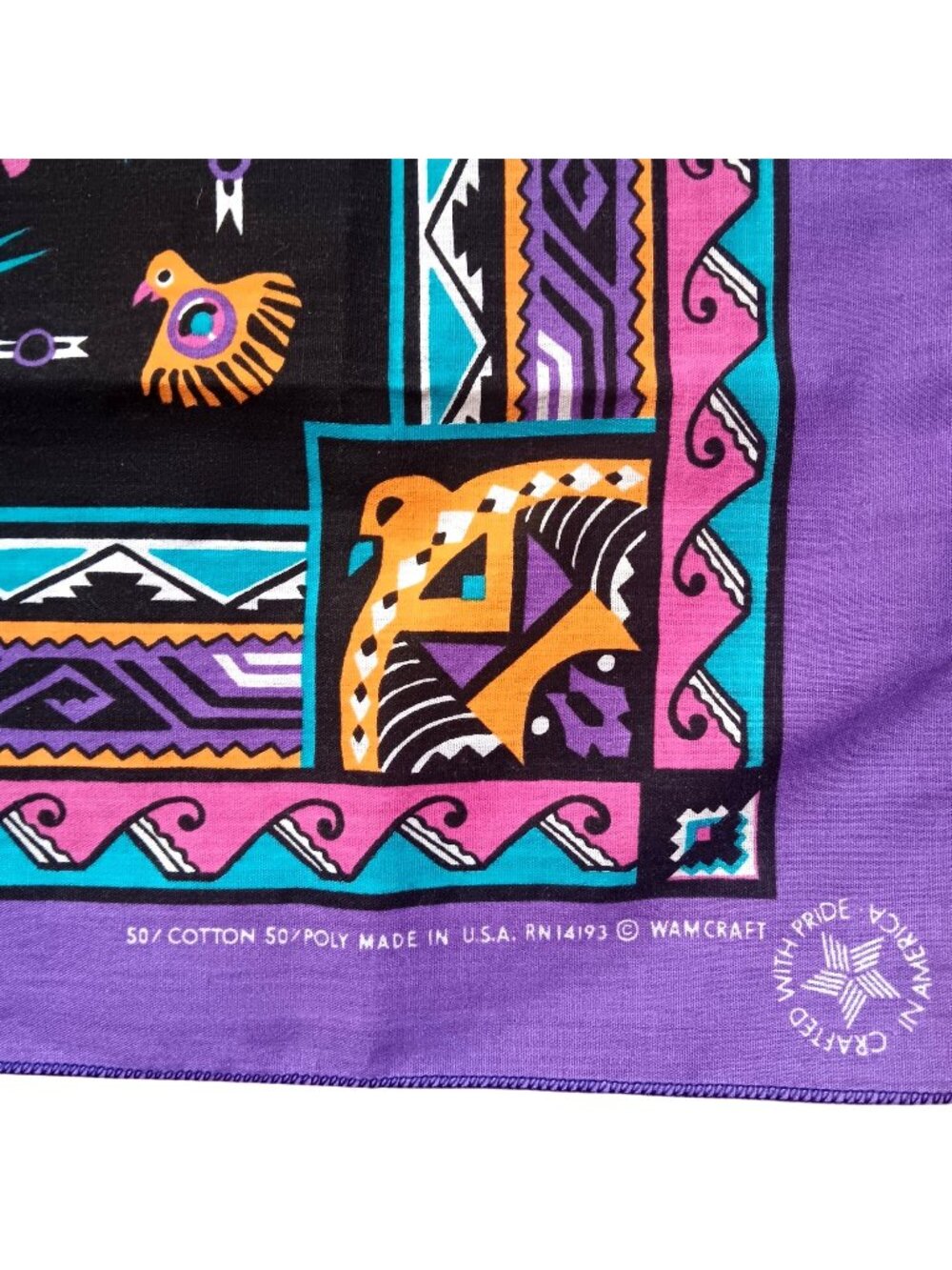 Vtg Bandana Purple Geometric Southwestern Made USA Wamcraft 22" Square Biker
